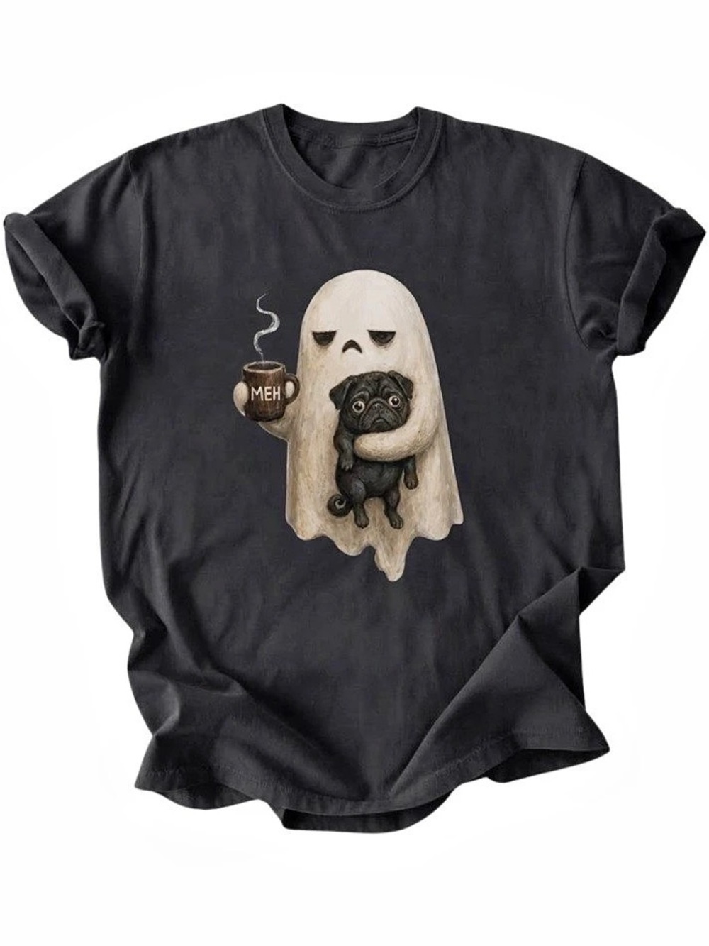 Grumpy Ghost Pug Coffee Funny Meh Halloween Gildan T-Shirt Graphic